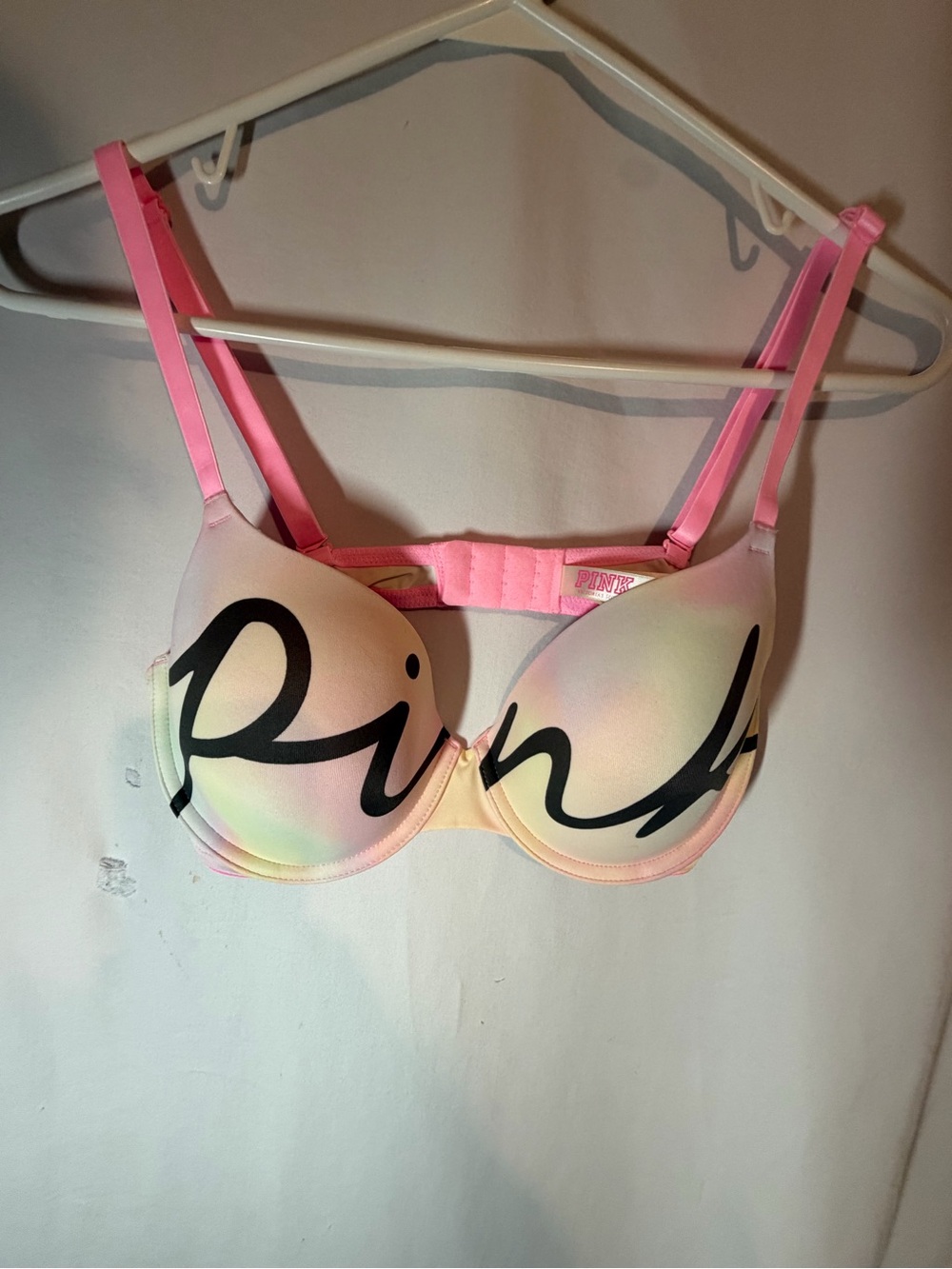 Victoria’s Secret PINK Bra 36C Pastel Rainbow Ombre Big Logo Script Push Up Y2K